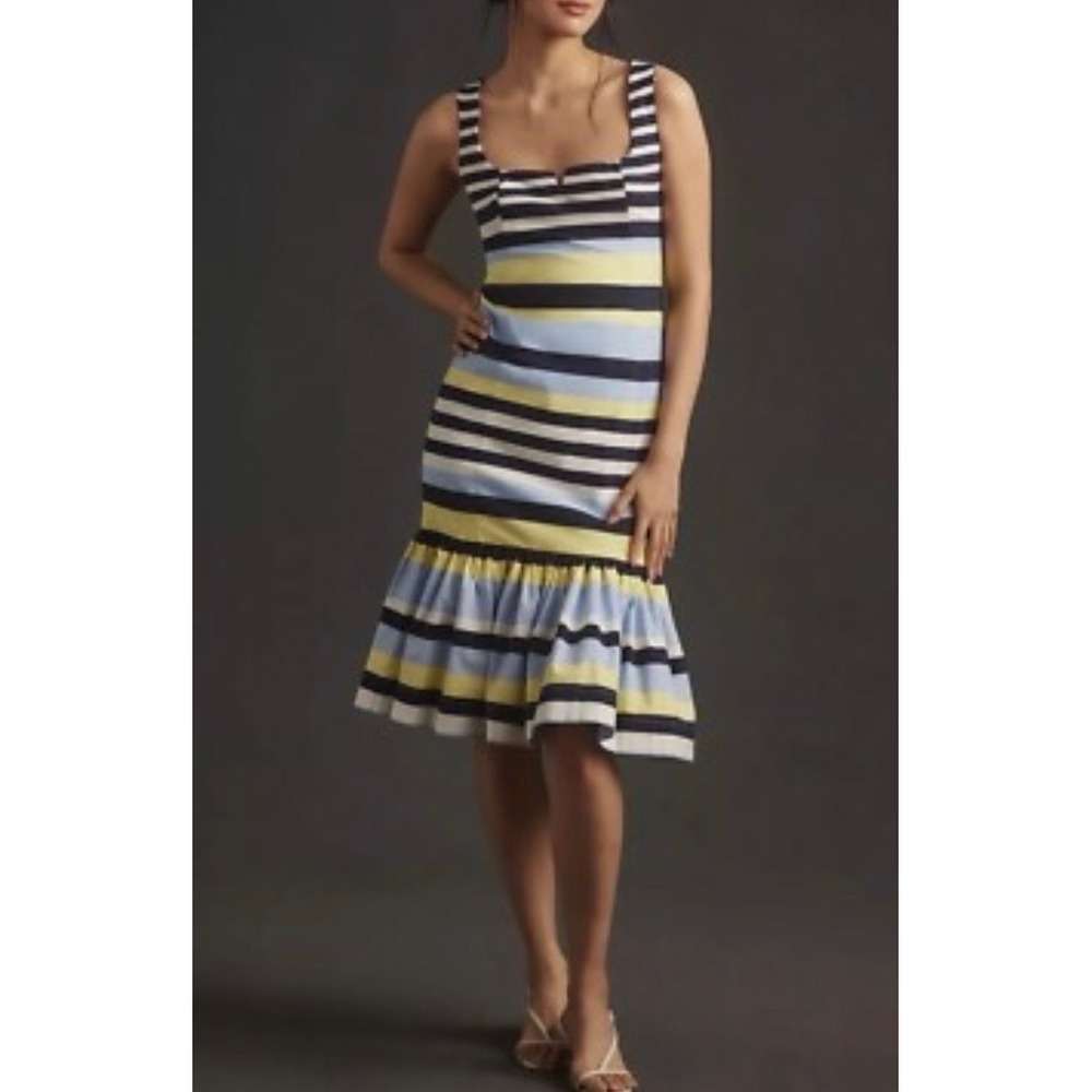 Maeve Anthropologie Striped Ruffle Flounce Hem Midi Cocktail Party Dress Small